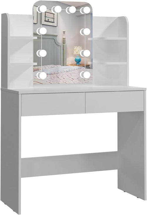 Panana Makeup Table with Led Mirror, Dressing Table Vanity with 4 Shelves and 2 Drawers, Vanity Talbe for Home Furniture (White)