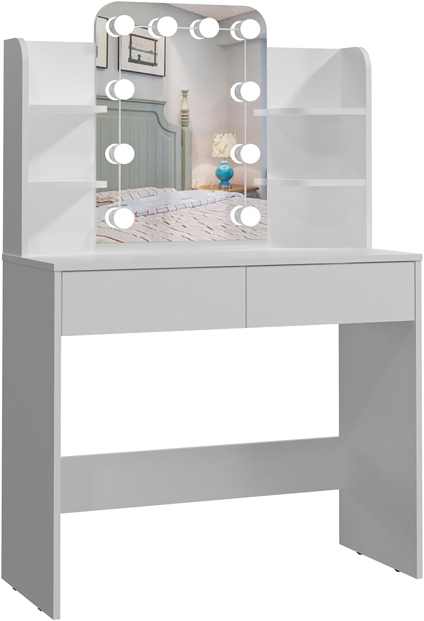 Panana Makeup Table with Led Mirror, Dressing Table Vanity with 4 Shelves and 2 Drawers, Vanity Talbe for Home Furniture (White)