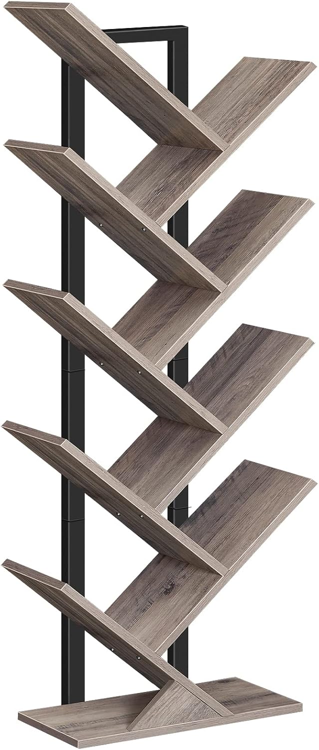 HOOBRO Tree Bookshelf Tall, 9-Tier Floor Standing Book Shelf, Tall Bookcase for CDs Albums, for Living Room, Greige and Black EBG08SJ01G1