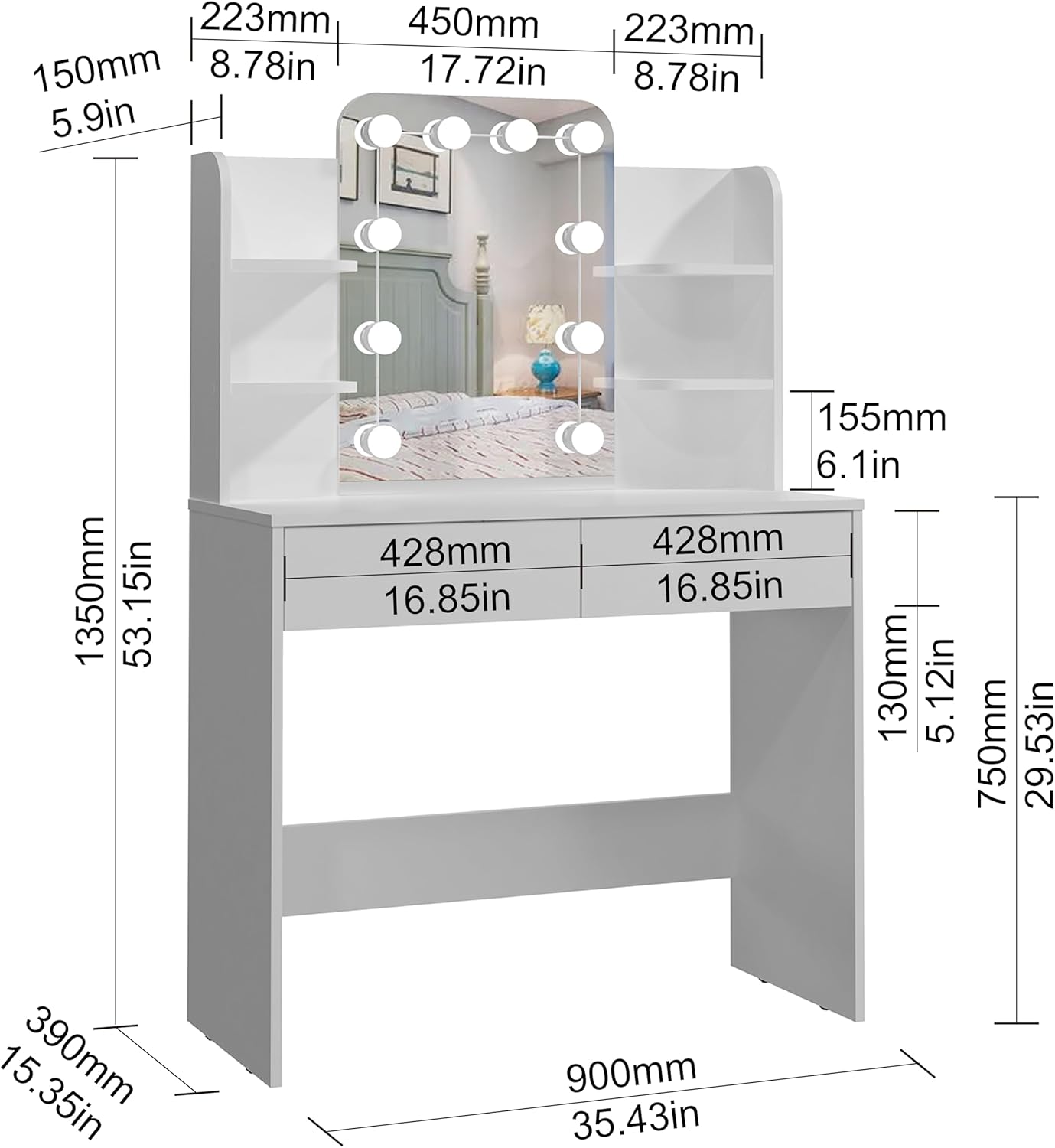 Panana Makeup Table with Led Mirror, Dressing Table Vanity with 4 Shelves and 2 Drawers, Vanity Talbe for Home Furniture (White)