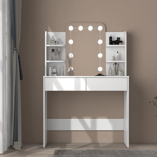 Panana Makeup Table with Led Mirror, Dressing Table Vanity with 4 Shelves and 2 Drawers, Vanity Talbe for Home Furniture (White)