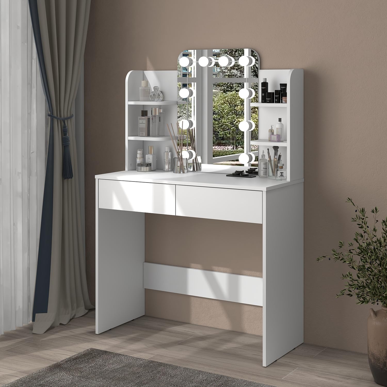 Panana Makeup Table with Led Mirror, Dressing Table Vanity with 4 Shelves and 2 Drawers, Vanity Talbe for Home Furniture (White)