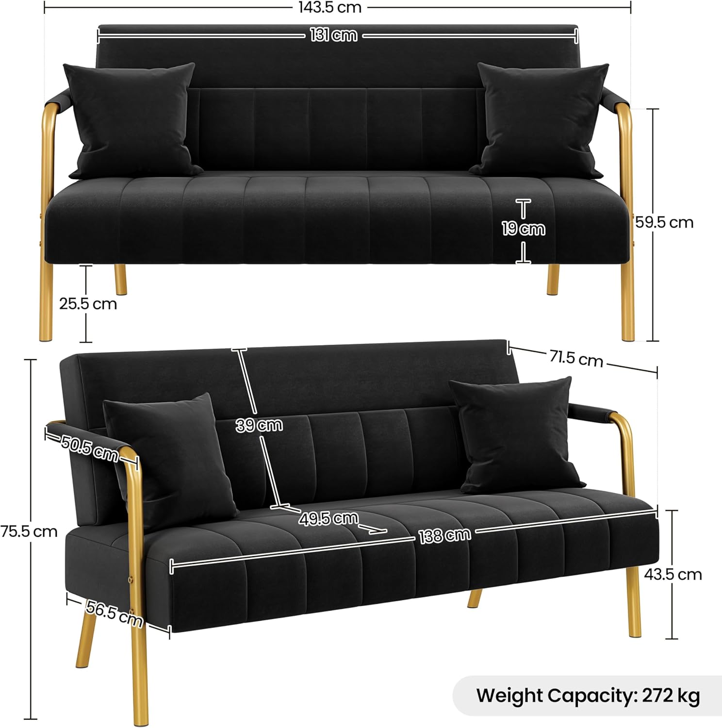 Yaheetech 2 Seater Modern Sofa Velvet Fabric Loveseat with Gold-tone Metal Arms and Legs for Bedroom, Home Office, Studio, Living Room Furniture Black