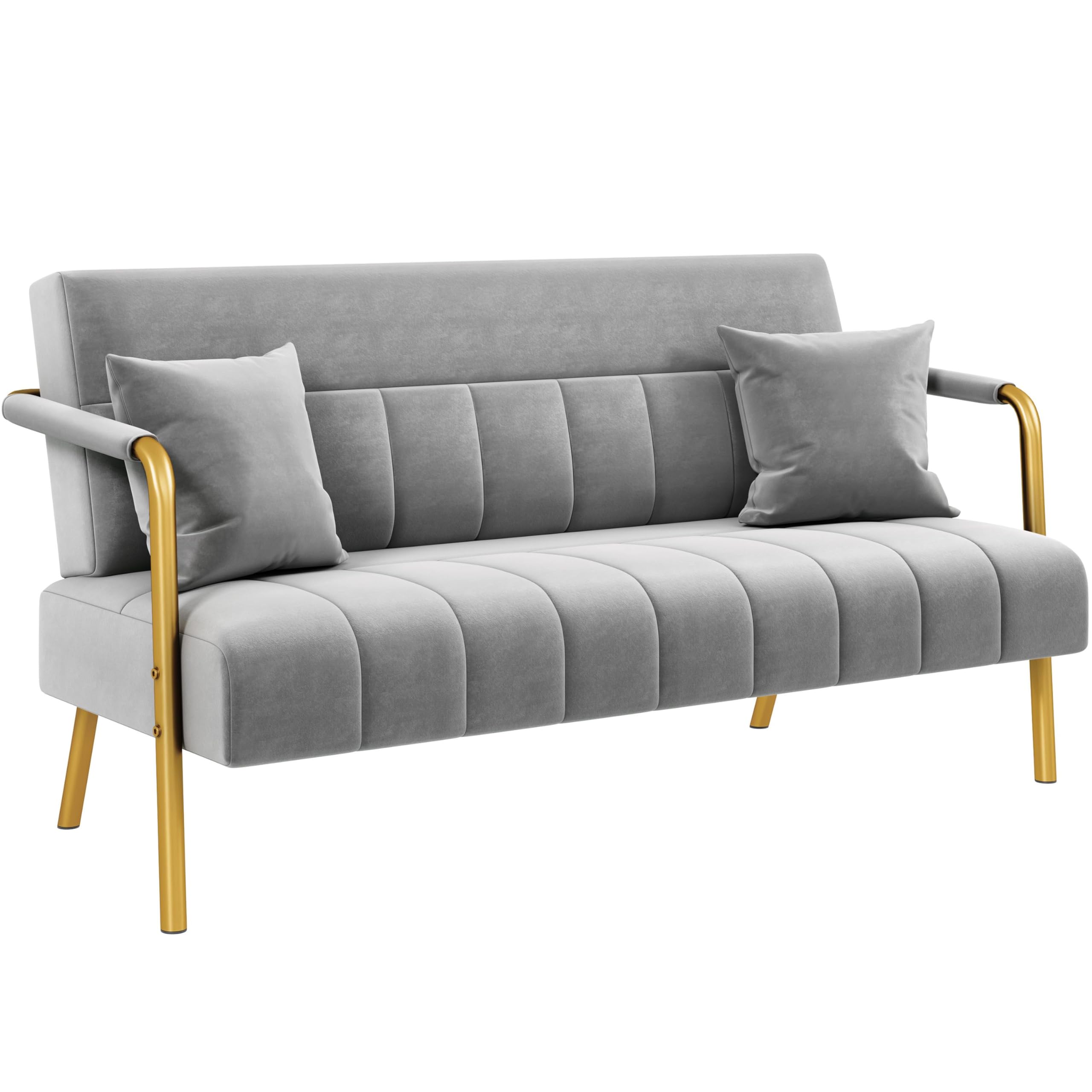 Yaheetech 2 Seater Modern Sofa Velvet Fabric Loveseat with Gold-tone Metal Arms and Legs for Bedroom, Home Office, Studio, Living Room Furniture Black