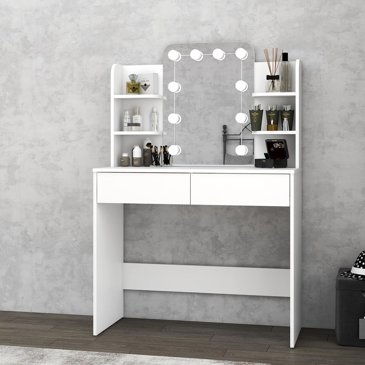 Panana Makeup Table with Led Mirror, Dressing Table Vanity with 4 Shelves and 2 Drawers, Vanity Talbe for Home Furniture (White)