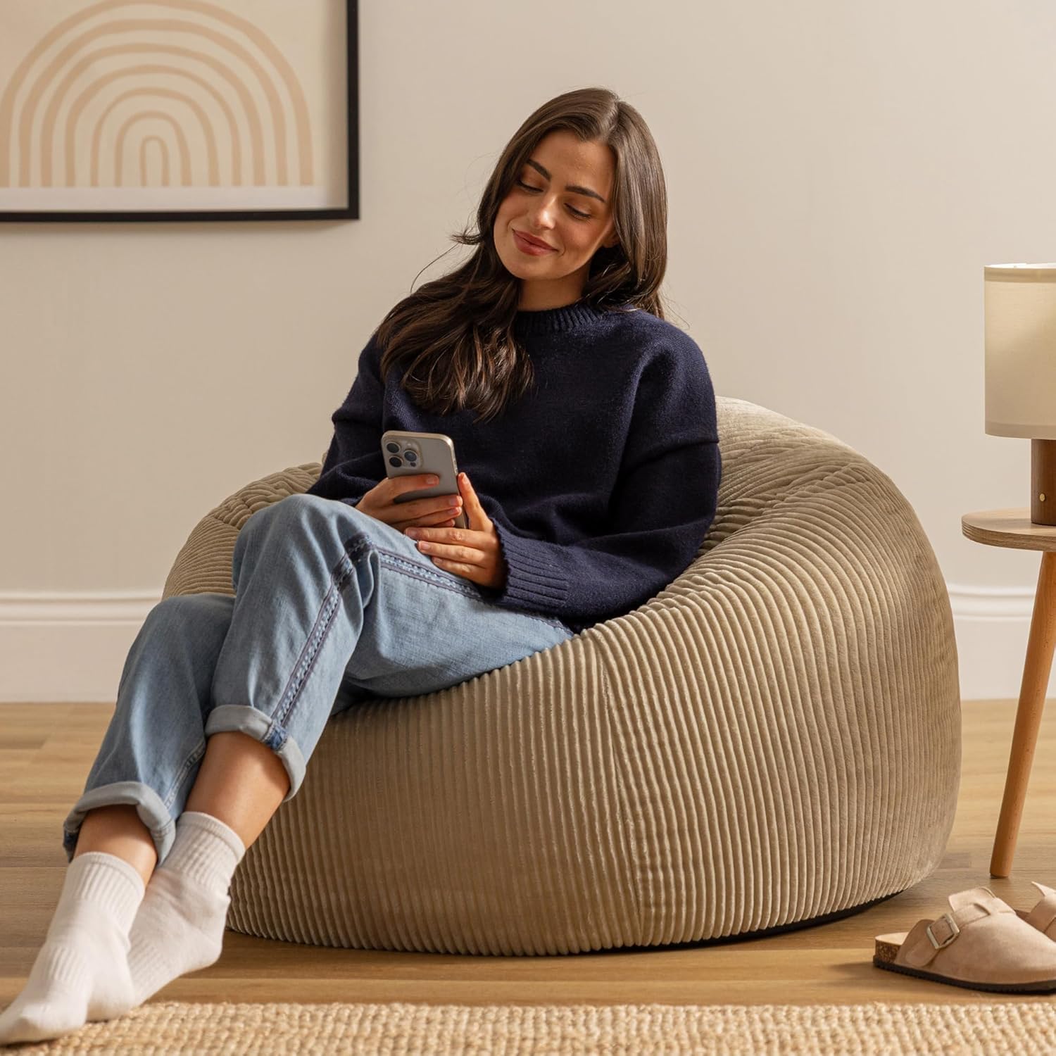 icon Kingston Cord Bean Bag, Beige, Large Adult Bean Bag Chair with Filling Included, Comfy Chair, Living Room Furniture, Bedroom Furniture