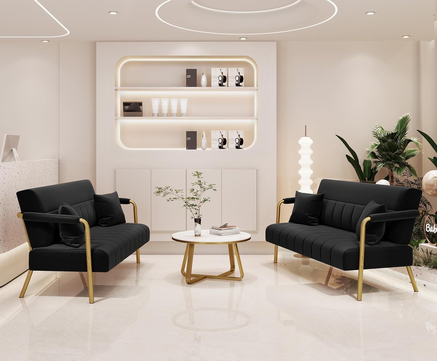 Yaheetech 2 Seater Modern Sofa Velvet Fabric Loveseat with Gold-tone Metal Arms and Legs for Bedroom, Home Office, Studio, Living Room Furniture Black