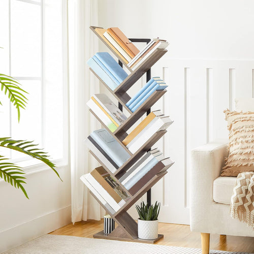 HOOBRO Tree Bookshelf Tall, 9-Tier Floor Standing Book Shelf, Tall Bookcase for CDs Albums, for Living Room, Greige and Black EBG08SJ01G1