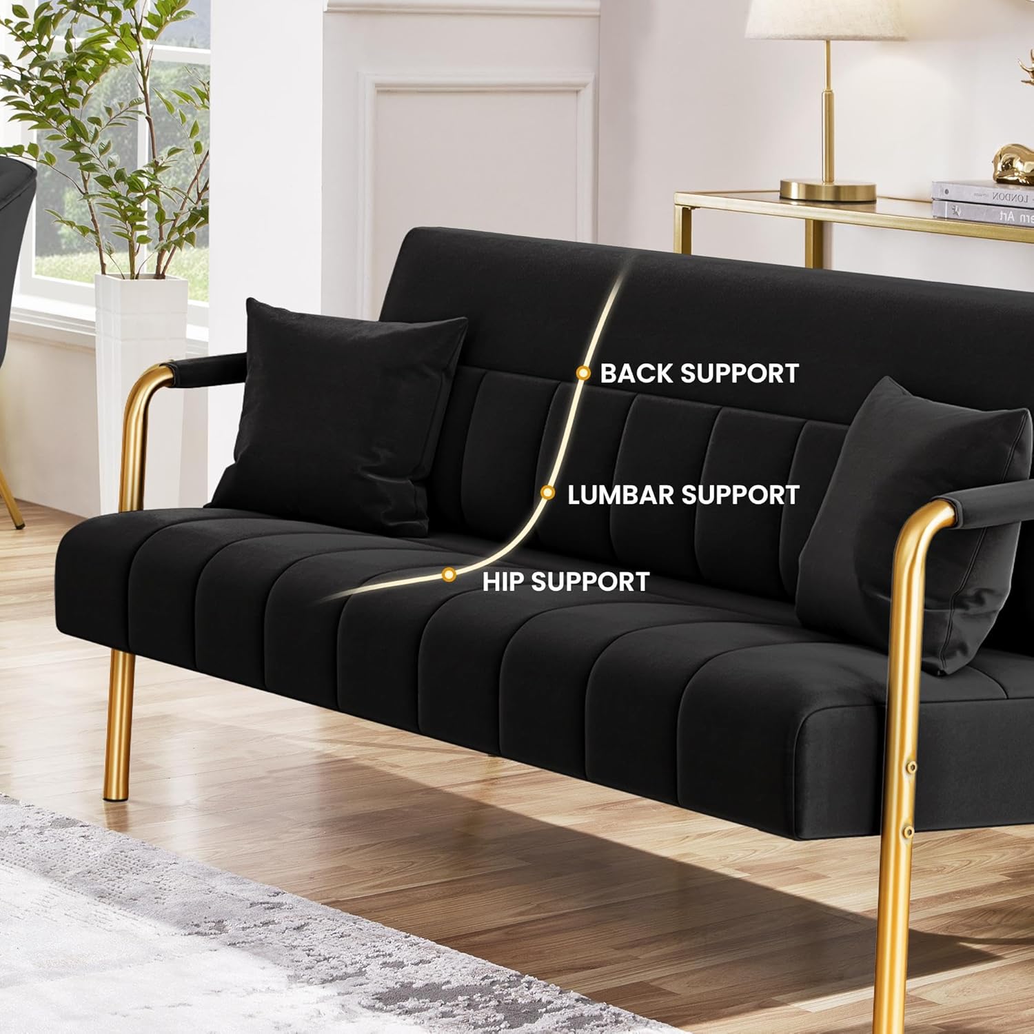 Yaheetech 2 Seater Modern Sofa Velvet Fabric Loveseat with Gold-tone Metal Arms and Legs for Bedroom, Home Office, Studio, Living Room Furniture Black
