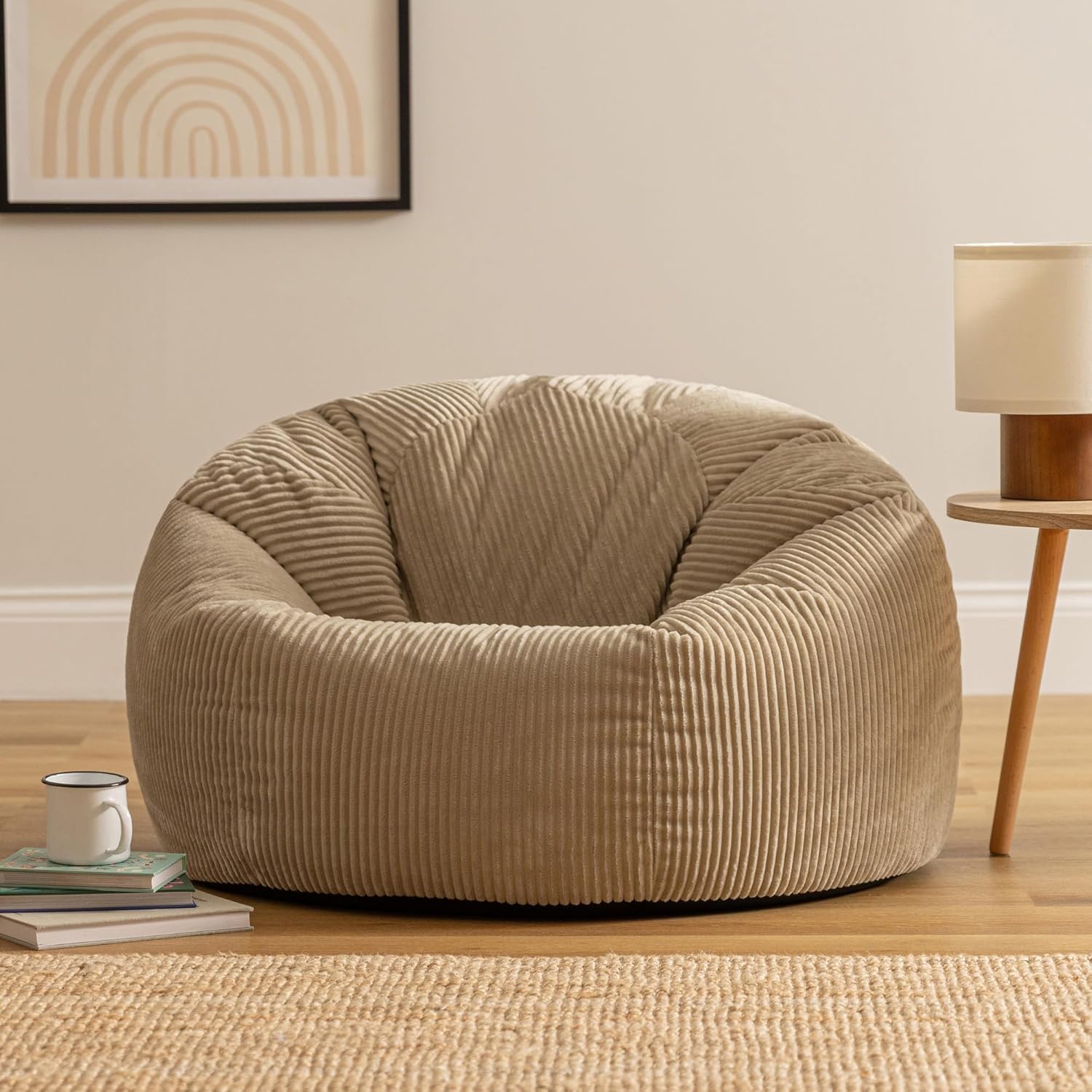 icon Kingston Cord Bean Bag, Beige, Large Adult Bean Bag Chair with Filling Included, Comfy Chair, Living Room Furniture, Bedroom Furniture