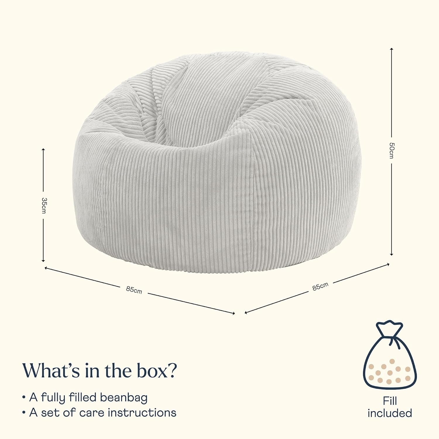 icon Kingston Cord Bean Bag, Beige, Large Adult Bean Bag Chair with Filling Included, Comfy Chair, Living Room Furniture, Bedroom Furniture