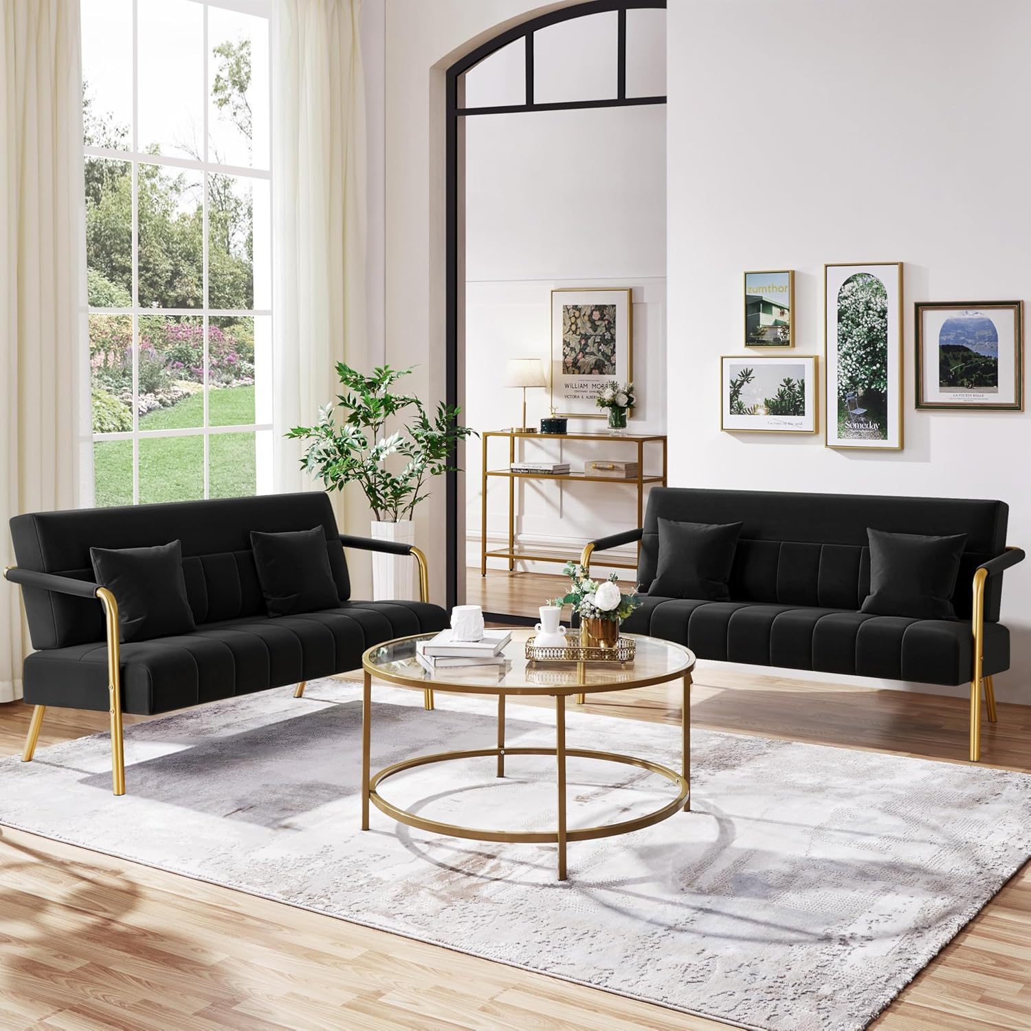 Yaheetech 2 Seater Modern Sofa Velvet Fabric Loveseat with Gold-tone Metal Arms and Legs for Bedroom, Home Office, Studio, Living Room Furniture Black